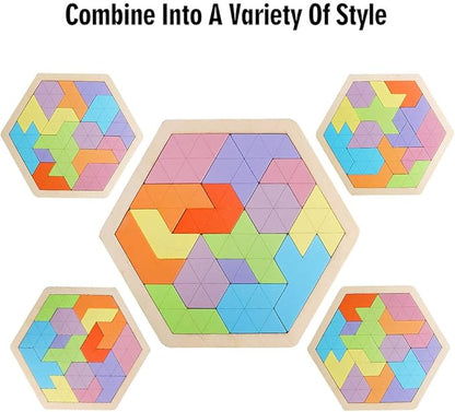 Skrtuan Wooden Hexagon Puzzle for Kid Adults Wooden Blocks Puzzle Brain Teasers Toy Shape Pattern Blocks Tangram Puzzles Games Family Portable Montessori Educational Gift for Kid Children