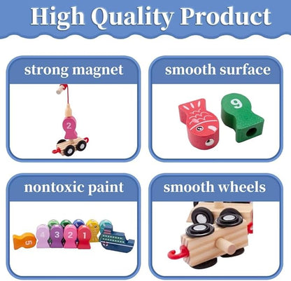 Magnetic Fishing Game for Kids, Wooden Train Set with Numbers Montessori Counting Toys, Preschool Math Learning Educational Game Birthday Gift Fine Motor Skill Toy for Toddlers