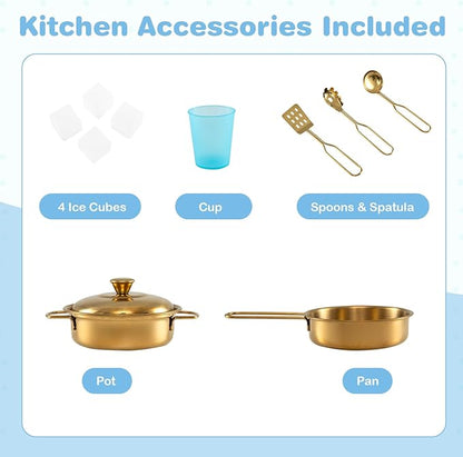 HONEY JOY Kids Kitchen Playset, Wooden Little Chef Pretend Toy Kitchen Set w/Chalkboard, Telephone, Utensils, Oven, Microwave, Sink, Storage, Play Kitchen for Toddlers Boys Girls, White Golden