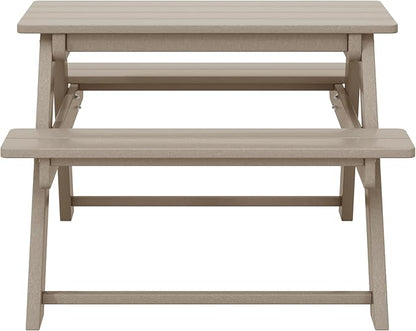 Costaelm Kids Picnic Table, HDPE All Weather Outdoor Toddler Picnic Table and Chair Set Kids Bench for Patio, Backyard, Garden, Lawn, Weathered Wood