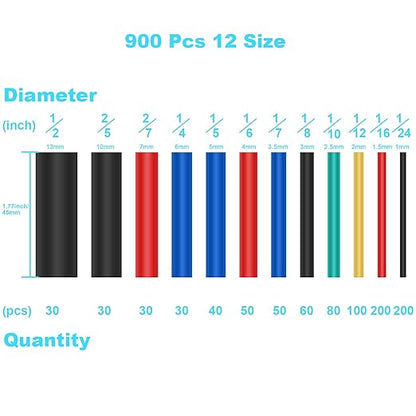 900 Pcs Wire Heat Shrink Tubing Kit, Industrial Heat-Shrink Tubing for Wires, 2:1 Marine Grade Heat Shrink Wrap, Premium Large Electrical Waterproof Heat Shrink Tape,12 Sizes 6Colored Assorted, DHOOZ