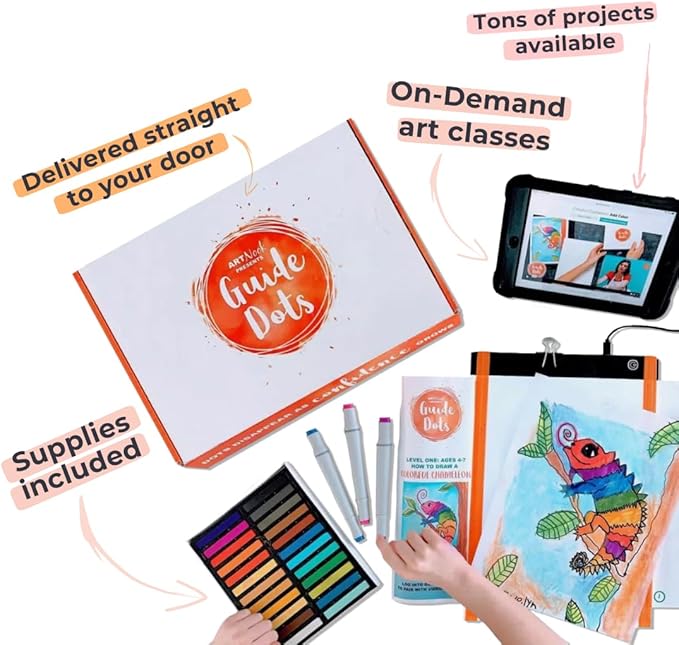 Guide Dots Kid's Art Confidence Kit with Light Up Bright Board – Drawing & Painting Kit – Video Instructions – Art Supplies, Markers, Chalk Pastels, Watercolors – Gift For Boys, Girls, Teens – Ages 8+