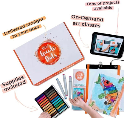 Guide Dots Kid's Art Confidence Kit with Light Up Bright Board – Drawing & Painting Kit – Video Instructions – Art Supplies, Markers, Chalk Pastels, Watercolors – Gift For Boys, Girls, Teens – Ages 8+