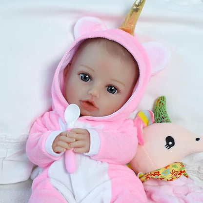 SCOM Soft Baby Doll Girl - 16 Inch Realistic Reborn Baby, Lifelike Real Cute Doll with Accessories, Toddler Girl with Vinyl Body & Unicorn Clothes for Kids 3 4 5 6 + Year Old Gifts