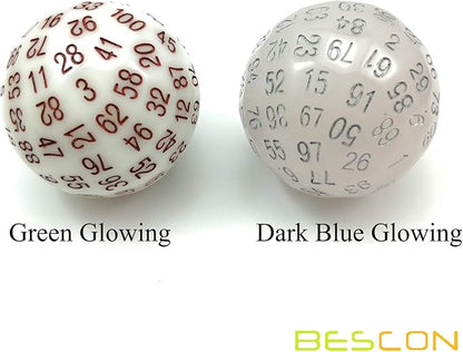 Bescon Super Jade Glow in Dark Polyhedral Dice 100 Sides, Luminous D100 die, 100 Sided Cube, Glowing D100 Game Dice