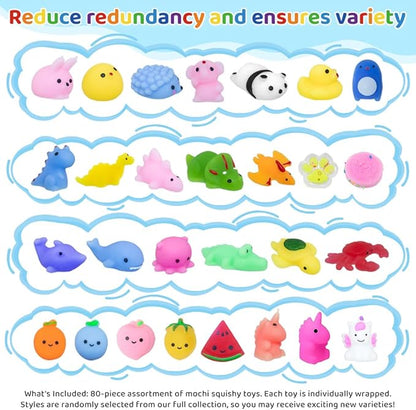 80PCS Party Favors for Kids 4-8 8-12 Kawaii Mochi Squishies Fufu Squishy Slow Rising Sensory Fidget Toys Bulk for Classroom Prizes Set Valentine Goodie Bags Halloween Buckets Easter Eggs Cheap