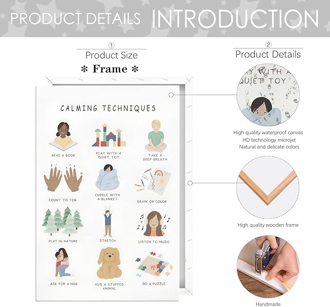 Feelings Calming Techniques Canvas Wall Art Calming Corner Classroom Mental health Posters Boho Emotions Chart for Kids Prints Special Education Wall Decor for Office School 16x24in Framed