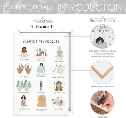 Feelings Calming Techniques Canvas Wall Art Calming Corner Classroom Mental health Posters Boho Emotions Chart for Kids Prints Special Education Wall Decor for Office School 16x24in Framed