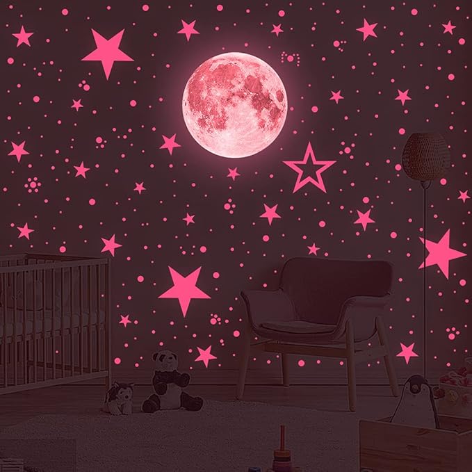 Glow in The Dark Stars and Moon Stickers for Ceiling, Luminous Wall Decals Decor for Bedroom Living Room, 407 dots + 27 Stars + 30cm Moon