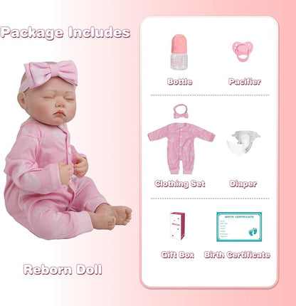 Jirachi Realistic Reborn Baby Dolls, Sleeping Baby Pink Girl Real Life Soft Cloth Body, 18 Inch Lifelike Reborn Baby with Feeding Accessories for Kids
