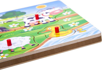 Farm Animals Sound Puzzle, Wooden Peg Puzzles with Sound for Toddlers and Preschoolers Ages 2yrs+, Kids Educational Learning Peg Puzzles Toy Gift (6pcs)
