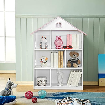 Wooden Dollhouse Bookshelf 3-Tier Doll House Bookcase Kids Books Toys Storage Organizer Shelves for Children's Bedroom Playroom Kindergarten Nursery Gift for Boys Girls Ages 3-8 Years Old