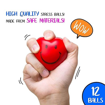 Neliblu Set of 12 Heart Stress Balls - 3-Inch Valentines Stress Balls - Red Squishy Heart Foam Balls - Smiley Face Heart Shaped Stress Balls for Adults - Fun Party Favors and Gifts for Kids
