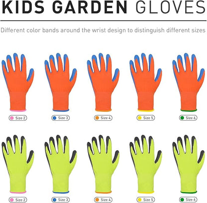HANDLANDY 3 Pairs Kids Gardening Gloves Latex Free, Nitrile Coated Children Toddler Garden Yard Work Gloves for Little Girls Boys (Size L, Black-Orange)