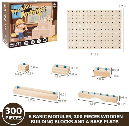 Wooden Building Blocks for Toddlers Ages 3 4 5 6 Years Old - 300 Pcs Wooden Blocks Little Architect Construction Toy for Boys & Girls, Kids Montessori Wooden Building Blocks Stacking Toy