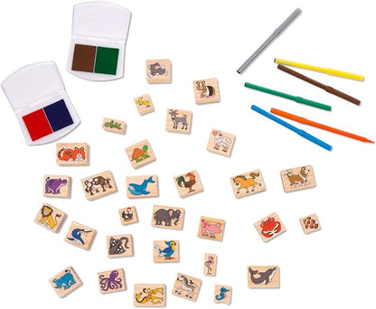 Melissa & Doug Deluxe Wooden Stamp Set: Animals - 30 Stamps, 6 Markers, 2 Stamp Pads