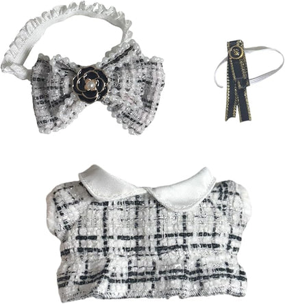 Clothes for 17cm Doll(Clothes Only)– 3-Piece Set Cute Elegant Outfit + Bow Headband + Collar Decoration for a Unique Dressed-Up Look– Fashion Handmade Accessories for Doll(White)