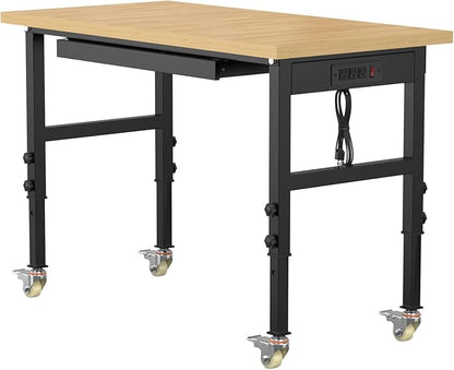 48" Adjustable Workbench,Heavy-Duty Work Table,3000 LBS Load Capacity Particleboard Hardwood Workstation Outlets with Power Strips, Drawers and Wheels,for Workshop, Garage