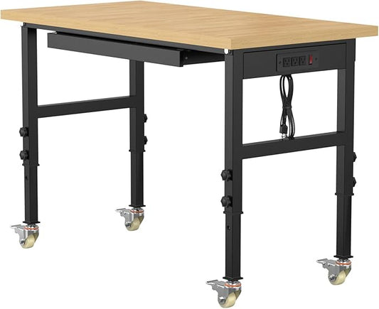 48" Adjustable Workbench,Heavy-Duty Work Table,3000 LBS Load Capacity Particleboard Hardwood Workstation Outlets with Power Strips, Drawers and Wheels,for Workshop, Garage