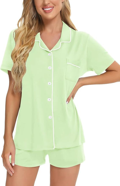 SWOMOG Womens Button Down Pajamas Set Short Sleeve Sleepwear Bride Soft Pj Lounge Sets XS-3XL