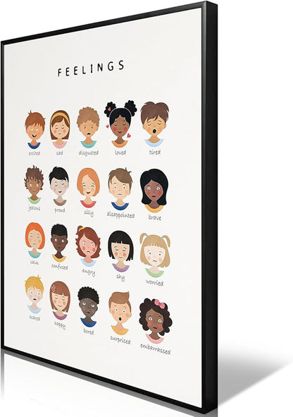 uoyien Feelings Chart And Emotions Poster For kids Mental Health Awareness Canvas Wall Art Special Emotions Faces Calm Corner Prints Classroom Social Worker Office Decor 12x16in Metal Framed