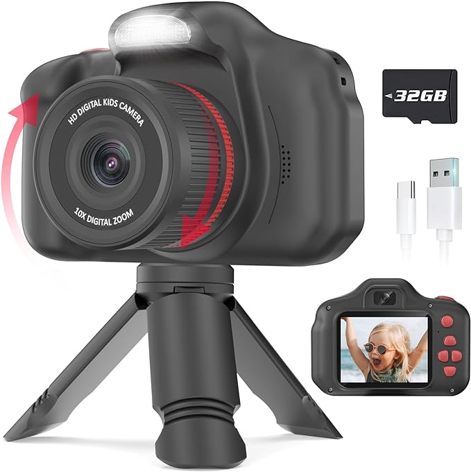 Seckton Upgrade Kids Selfie Camera, Christmas Birthday Gifts for Boys Girls Age 3-12, Children Digital Video Cameras with Flash, 2.4" Screen Portable Camera Toy 4 5 6 7 8 9 Year Old Boys Girls-Black