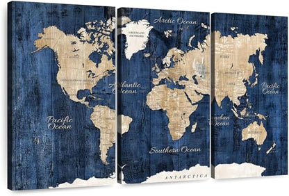 ElephantStock Aged Blue World Map II Canvas - 3 Panel Wall Decor - World Map Digital Art - Blue Wall Art - 74" X 48"