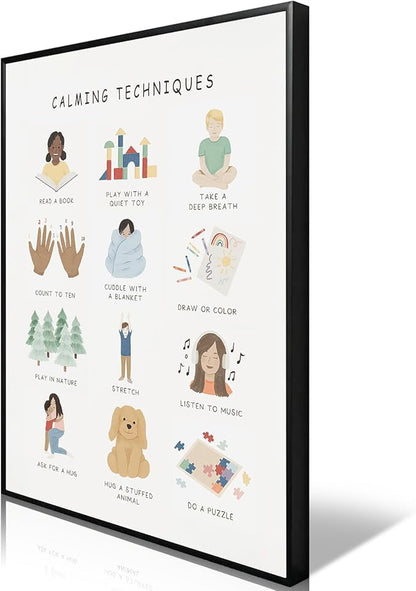 uoyien Calming Corner Classroom Mental health Poster Feelings Calming Techniques Canvas Wall Art Boho Emotions Chart for Kids Prints Special Education Wall Decor for School 16x22in Metal Framed