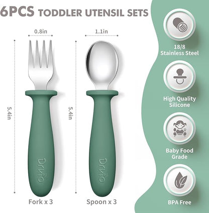 DRKIO 6 Pieces Toddler Utensils Set - Kids Silverware Set with Silicone Handle Children Safe 18/8 Stainless Steel Forks and Spoons Anti-Choke Design Food Grade Dishwasher Safe