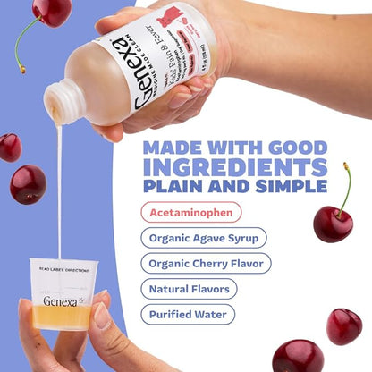 Genexa Children's Clean Acetaminophen | Pediatrician Preferred Ingredients | Pain & Fever Reducer for Kids | Dye Free, 0% Artificial Additives | Ages 2-11, Delicious Organic Cherry Liquid, 4 fl oz