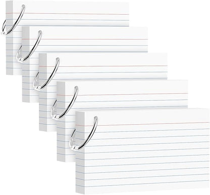 250 Count White Index Cards 3x5 Inch with Key Ring, 180gsm Heavyweight Flash Card (50 Sheets Each), Durable & Portable Note Taking for Students, Teachers, Study Note Cards for Office Home School