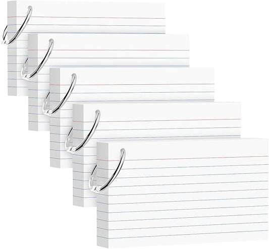 250 Count White Index Cards 3x5 Inch with Key Ring, 180gsm Heavyweight Flash Card (50 Sheets Each), Durable & Portable Note Taking for Students, Teachers, Study Note Cards for Office Home School