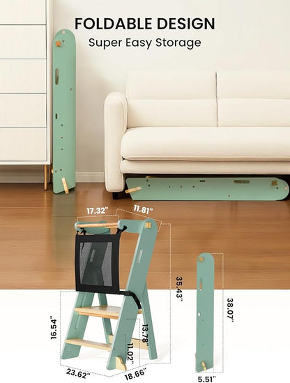 GROWNSY Foldable Step Stool Toddler Tower, Toddler Kitchen Stool Helper, Collapsible Kids Standing Learning Tower with 3 Adjustable Heights and Safety Net for Kitchen Bathroom Sink Counter (Green)