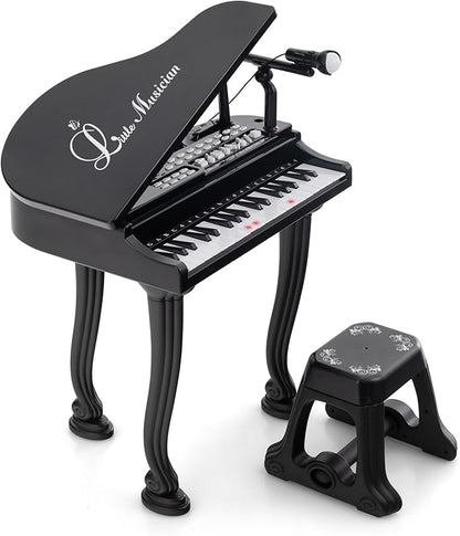 HONEY JOY Classical Kids Mini Grand Piano w/ Music Stand & Stool, Portable Electronic Piano Educational Musical Instrument Toy w/ Microphone, Lights, Gift for Kids (Black, 37 Keys)