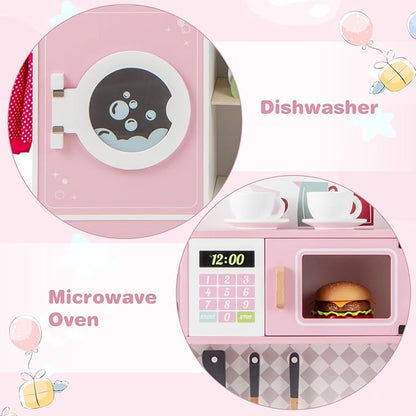 INFANS Kids Kitchen Playset, Toddler Wooden Kitchen Pretend Cooking Toy Set with Coffee Maker Ice Machine Dishwasher Microwave Storage Cabinet, Simulation Play Kitchen for Boys Girls 3+ (Pink)