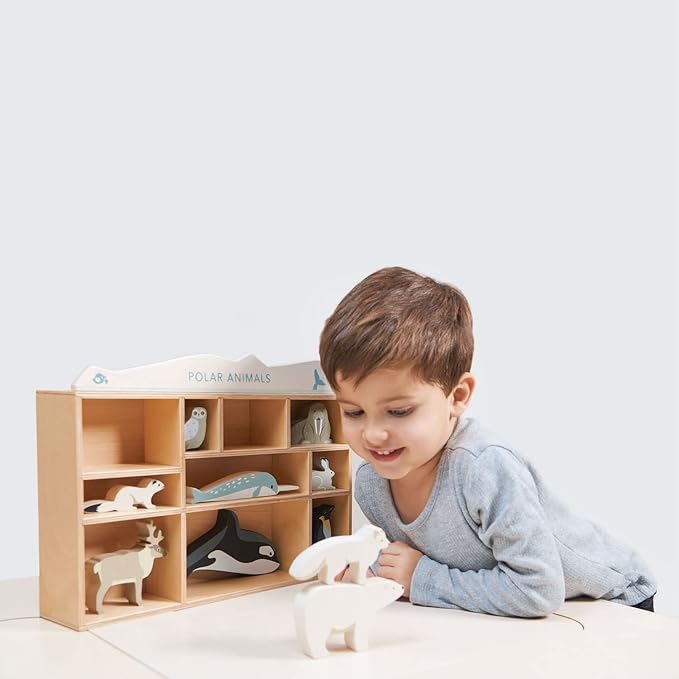 Tender Leaf Toys - Polar Animals - 10 Solid Wood Polar Animals with Shelving Unit - Made for Little Hands, Improve Hand-Eye Coordination for Boys and Girls - Age 3+