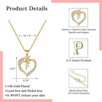 Hidepoo Unicorn Necklace Gifts for Girls - 14K-Gold-Plated Colorful CZ Heart Necklace Girls Jewelry Initial Unicorn Necklaces for Girl Birthday Gifts