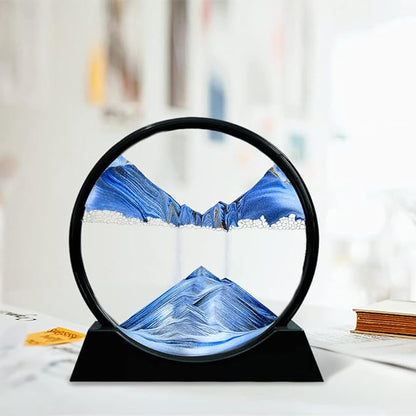 Aoderun Moving Sand Art Picture Round Glass 3D Deep Sea Sandscape in Motion Display Flowing Sand Frame Relaxing Desktop Home Office Work Decor (7", Blue)