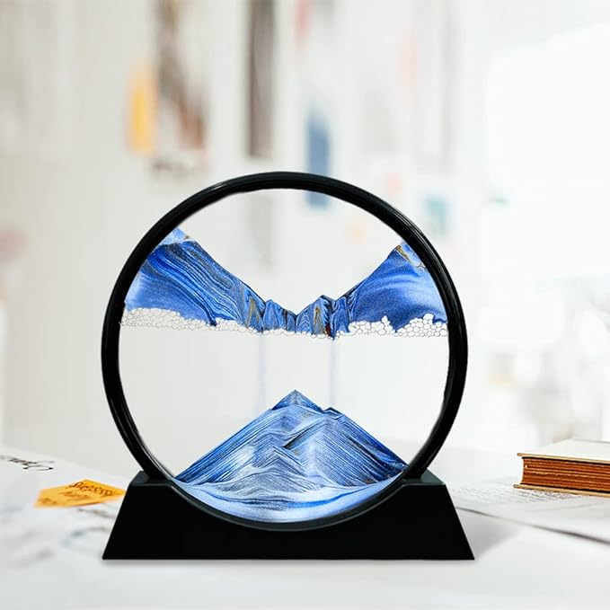 Aoderun Moving Sand Art Picture Round Glass 3D Deep Sea Sandscape in Motion Display Flowing Sand Frame Relaxing Desktop Home Office Work Decor (12", Blue)
