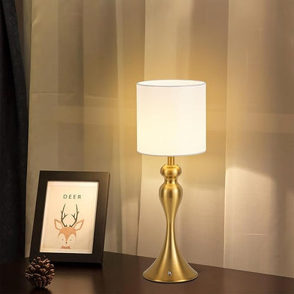 Table Lamp for Bedroom, Cordless Bedside Lamps for Living Room, Touch 3-Way Dimmable Desk Lamp for Night Stands, Rechargeable, Battery Operated Lamp with Fabric Shade for Dorm, Home Office (Brass)