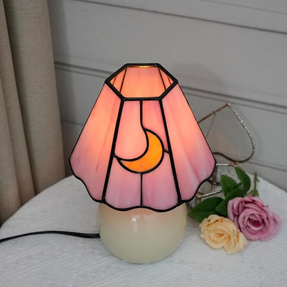 Mushroom Lamp Tiffany Stained Glass Moon lamp Cute Small Bedside Table Lamps for Living Room Home Decor,Girls Women Birthday Christmas Thanksgiving Day Gift,Pink