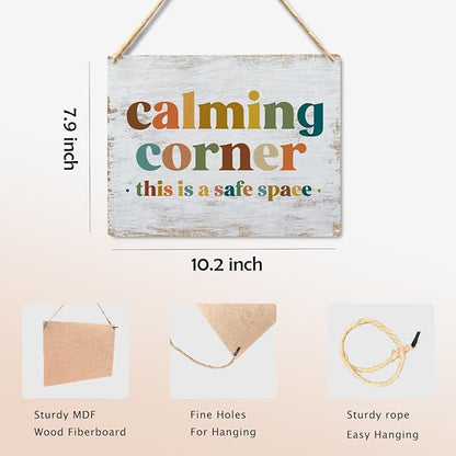 Calming Corner - Safe Space Hanging Wood Sign Plaque, Classroom & Office Decor, Calm Down Corner Decorations, Boho Style(Yellowish White), 10x8