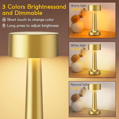 Portable LED Table Lamp, 3-Levels Brightness Metal Desk Lamp,3 Color Touch Control Rechargeable Lamp, Ideal Bedside Lamp for Nightstand,Bedroom, Living Room (Gold)
