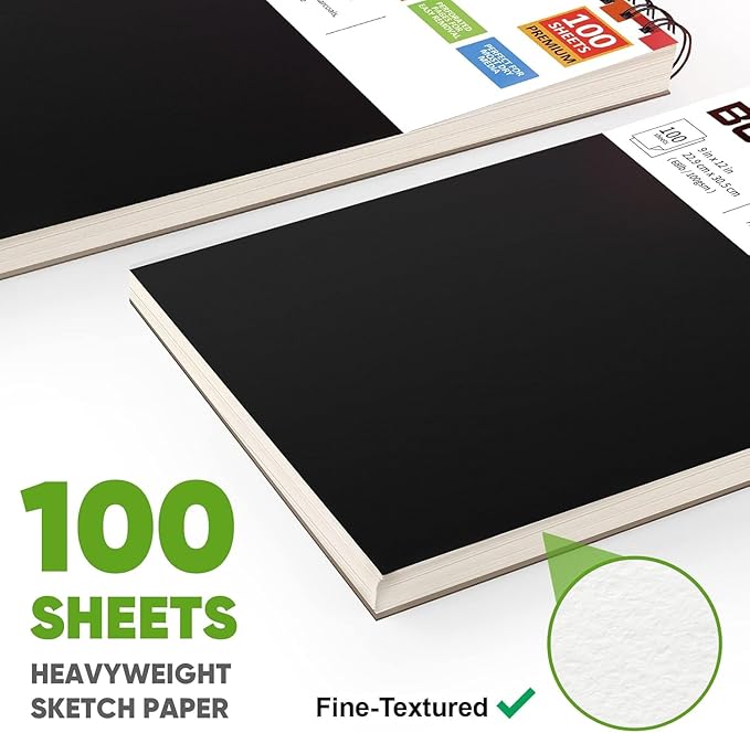Soucolor Sketch Book, Spiral Bound Acid-Free Sketchbook with 68lb/100gsm for Paper Painting, Drawing, Writing, Artist Sketching Pad for Kids, Adults & Teens, 100 Sheets (Black, 9 x 12 Inch, Pack of 1)