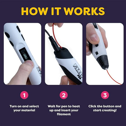 PIKA3D PRO 3D Printing Pen - Includes 3D Pen, 5 Colors of PLA Filament Refill with Stencil Guide and User Manual, White