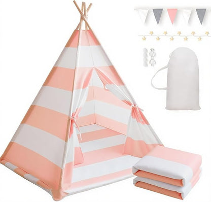 Teepee Tent for Kids with Padded Mat, Lights, and Carry Bag, Washable Playhouse for Indoor Use, Ideal Play Tent for Girls and Boys, Stripe Pink