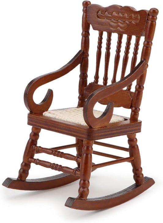 Dollhouse Miniature Rocking Chair 1:12 Scale Wooden Furniture Accessories Tiny Mini House Home Outdoor Cake Topper Decoration Model Living Room Scene Christmas Craft Displays (Brown)