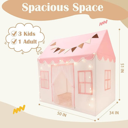 Kids Play Tent with Non-Slip Mat, Star String, Decorating Flag, Machine Washable Large Playhouse, Indoor and Outdoor Play Tent for Kids, Pink, 47" x 40" x 52"