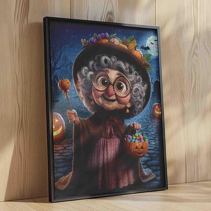 Halloween Grandma Holding Pumpkin Candy Bucket 1000 Piece Jigsaw Puzzle for Adults Students 20×27 Inches Full Moon Bats and Lanterns Cozy Fall Puzzles for Home Display and Gift Giving