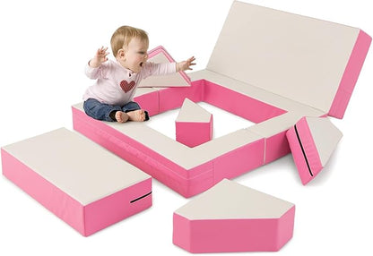 Costzon Climb and Crawl Foam Set, 4-in-1 Convertible Furniture Into Toddler Bed, Sofa, Table, Activity Play Blocks, 8-Piece Lightweight Colorful Interactive Set for Baby and Preschooler (Pink)
